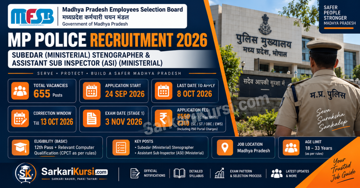 MP Police Subedar Stenographer and ASI Ministerial Recruitment 2026 - 655 posts, MPESB